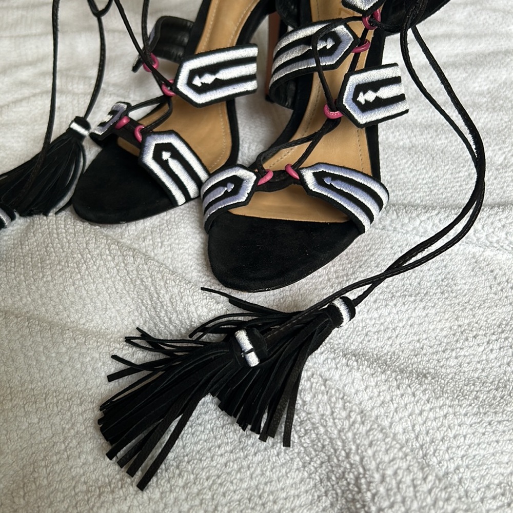 Black Suede Lace up Schutz Heels w/ Pink, White, & Fringe Detail (Size 8.5) - Picture 5 of 12